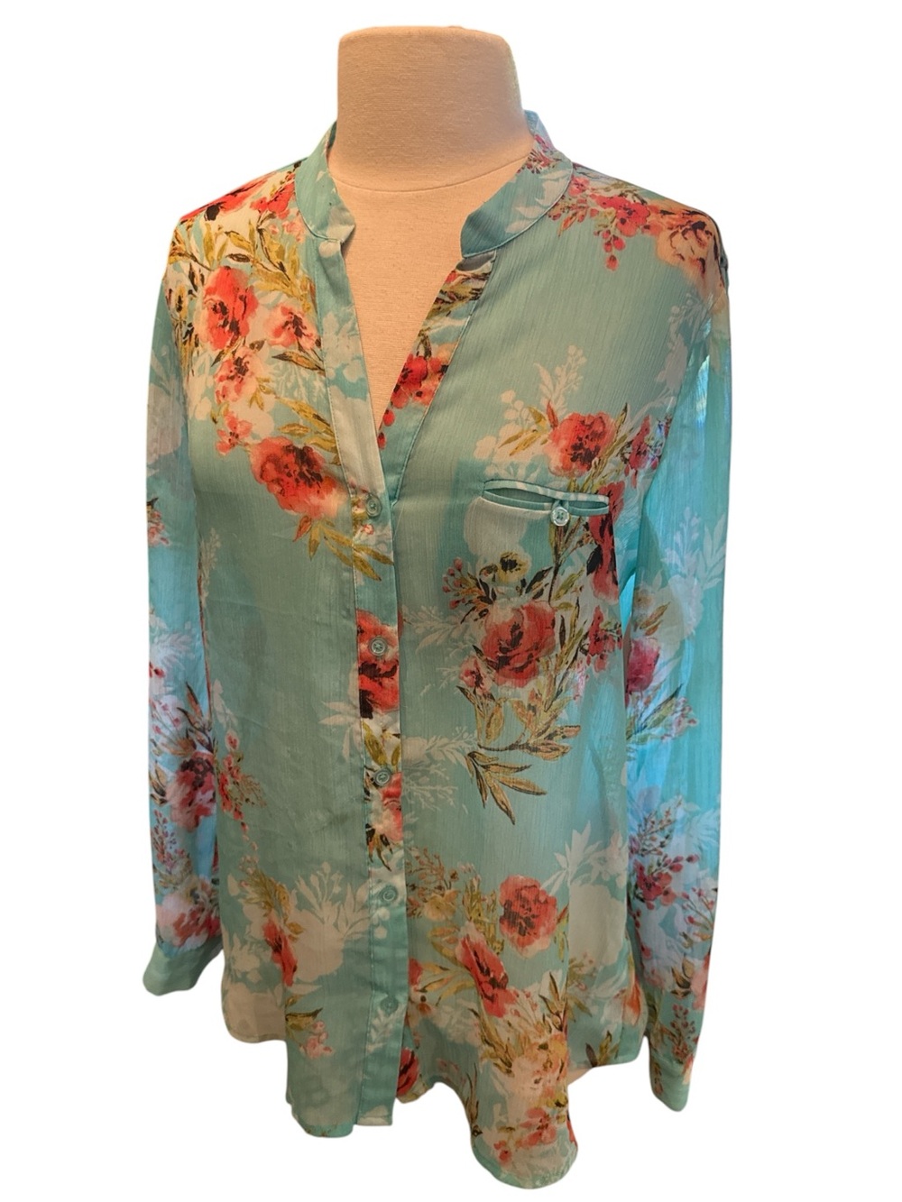 Floral Print Teal, Mint, Coral Women's Top - Size L
